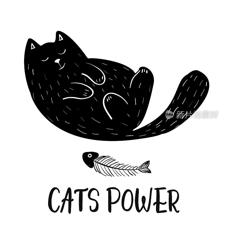 涂鸦可爱的猫贺卡设计模板。手绘动物人物t恤设计。有趣的猫情绪。