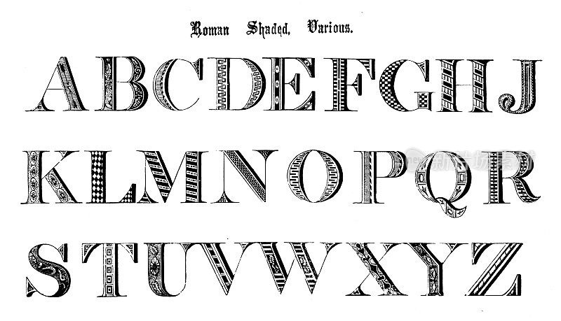 仿古原始打字字体字母:罗马阴影，各种