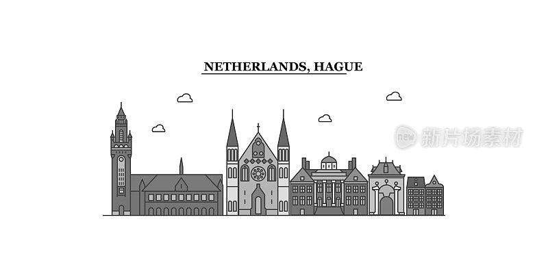 荷兰，海牙城市天际线孤立矢量插图，图标