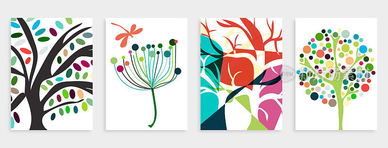 矢量手绘颜色树植物图案卡片旗帜抽象创意通用艺术模板背景。套装适用于海报、名片、邀请函、传单、封面、横幅、海报、宣传册等平面设计