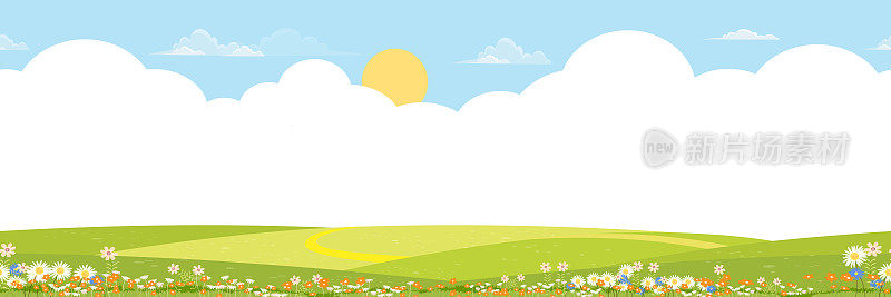 天衣无缝的格局，春意盎然的田野景观，蓝天上的白云，无边无际的全景，春天美丽的乡村自然，山坡上的草地。矢量为春季或夏季旗帜