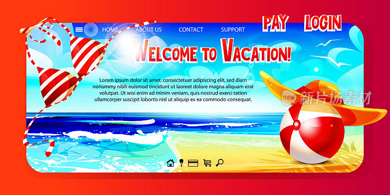 卡通风格的夏日旅游和海滩度假网页。球与巴拿马和比基尼顶部的背景上的海洋景观。欢迎来度假!