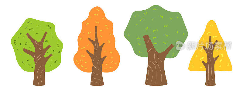 收集简单的平面卡通设计树自然插图完美的形状设计元素