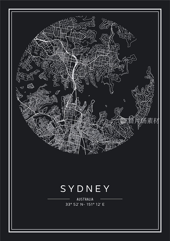 黑白可打印的悉尼城市地图，海报设计，矢量插图。