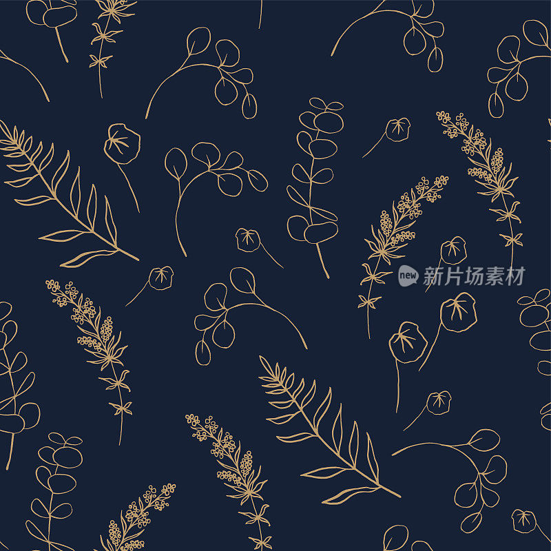 豪华无缝模式与花束米色蕨类，桉树和草药在深蓝色背景。中国风格的启发。
