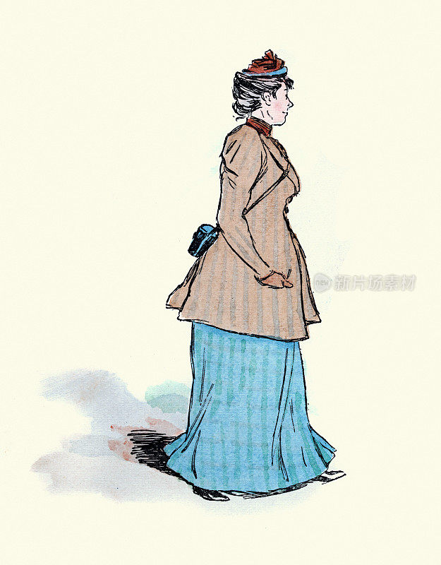 巴黎时髦的年轻女子，棕色大衣，蓝色裙子，维多利亚式法国时尚，19世纪，19世纪，复古插图