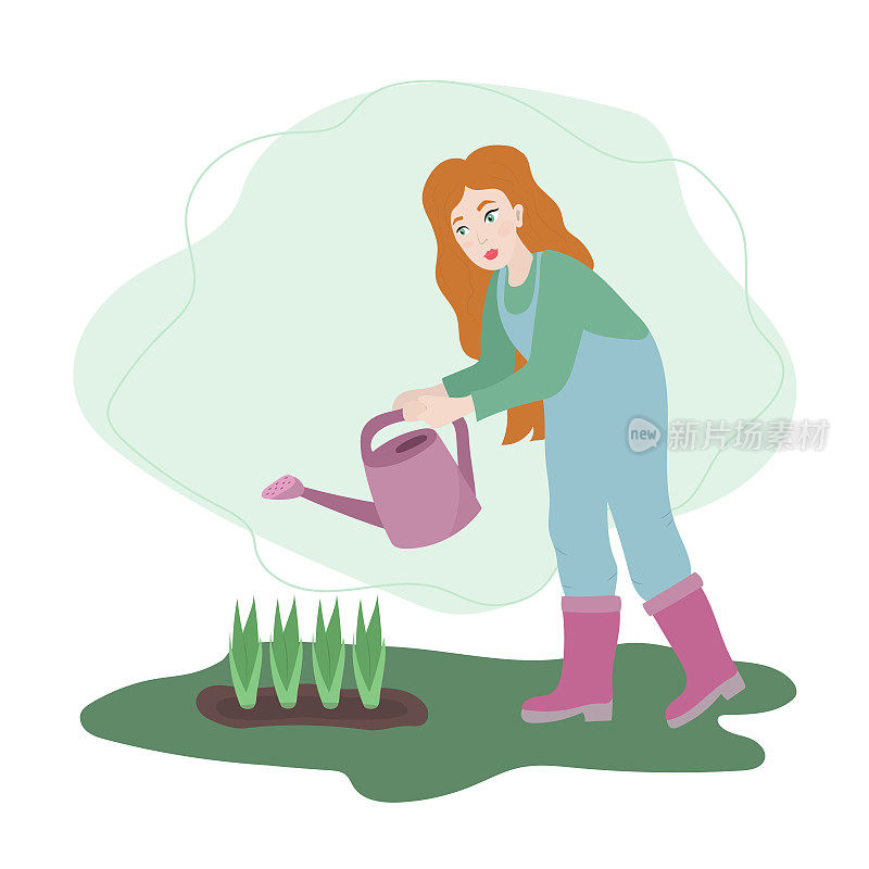 女人拿着喷壶。女园丁在春天浇灌植物。插图在平面卡通风格