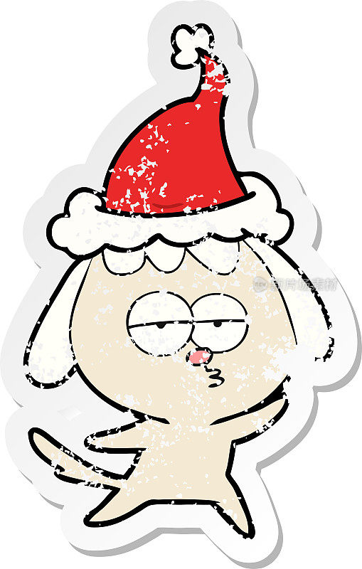 手绘苦恼贴纸卡通，一只无聊的狗戴着圣诞老人的帽子