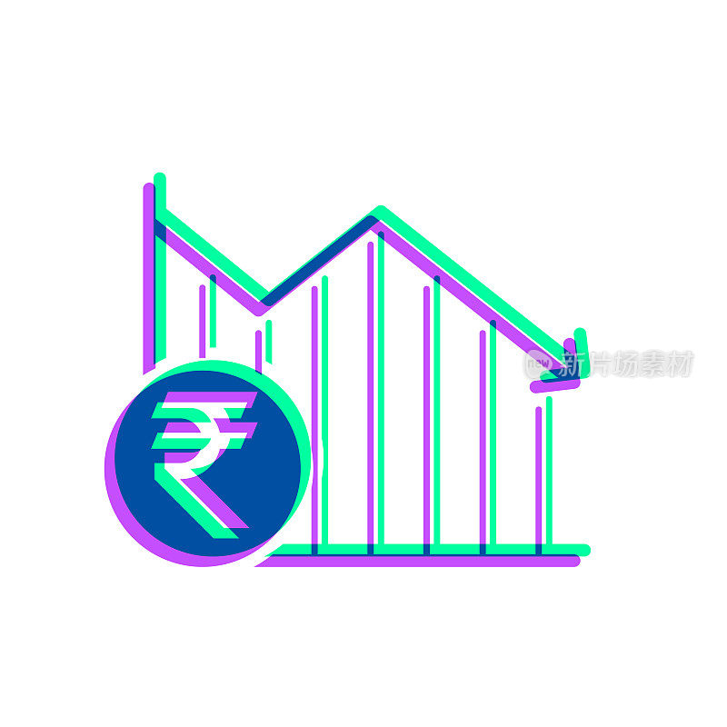 印度卢比贬值图。图标与两种颜色叠加在白色背景上