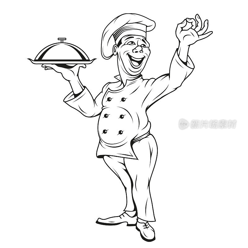 厨师长。男人上菜。Chef草图矢量图