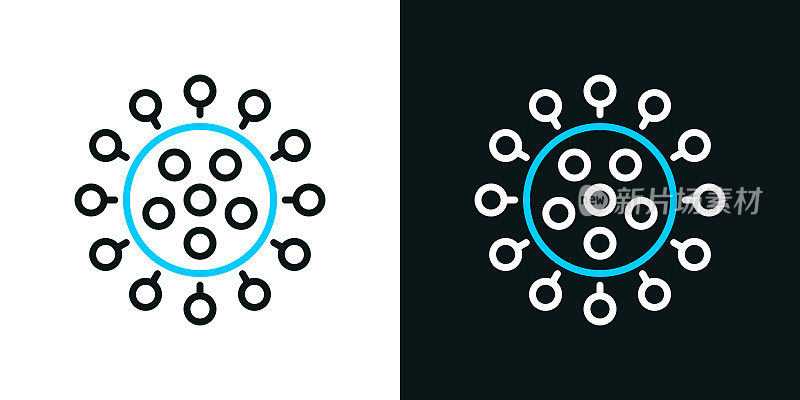 冠状病毒细胞(COVID-19)。黑色或白色背景上的双色线图标-可编辑的笔画
