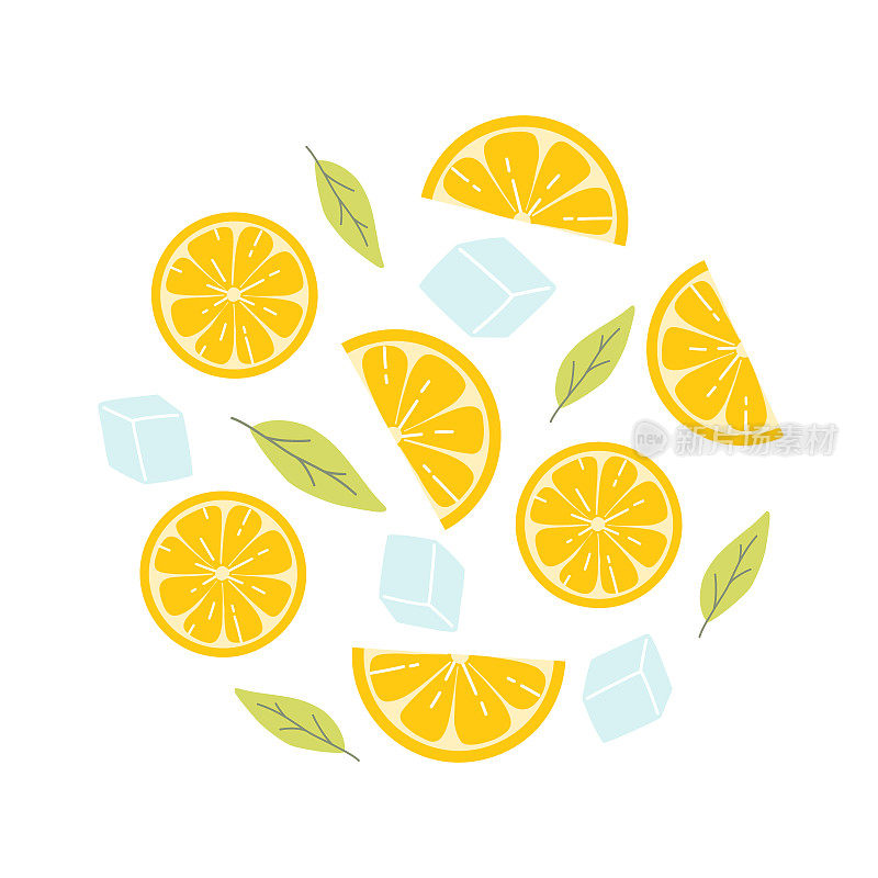 柠檬片加薄荷和冰块。柠檬卡。柠檬水的概念。矢量插图。