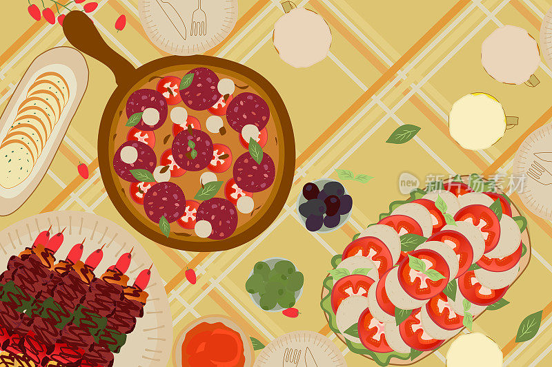 意大利食物比萨，奶酪和西红柿，烧烤，橄榄，大蒜面包矢量插图。美食节背景横幅。