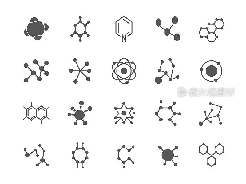 化学图标，分子式，原子结构。离子分子，生物蛋白和dna模型，化学细胞。实验室研究。标志黑色元素。矢量医学象形文字标志集