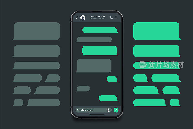 现实的智能手机短信应用程序模型。短信文本框架模板。社交媒体对话用户界面用绿色气泡聊天。