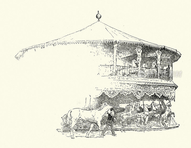 游乐场里的双层旋转木马或旋转木马游乐设施，维多利亚时代的法国，19世纪，朱尔斯·卡尼尔
