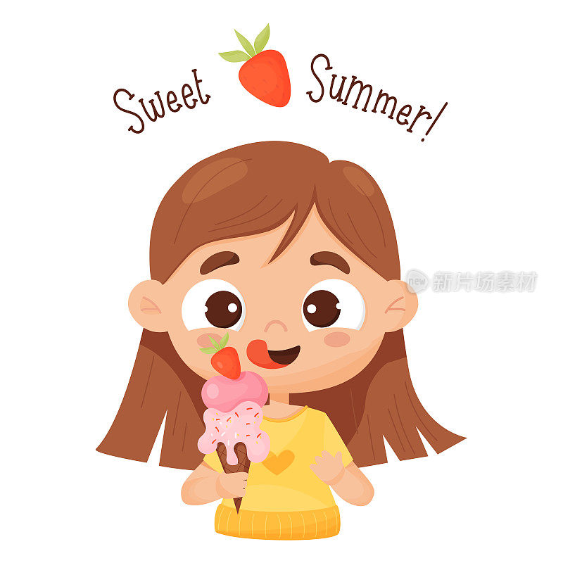 吃冰淇淋的快乐女孩。可爱的婴儿角色舔他的嘴唇。矢量插图在卡通风格。明信片甜蜜的夏天。孩子们收集。