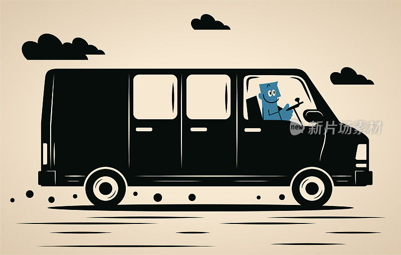 一个面带微笑的蓝色男人开着露营车、穿梭巴士、校车或房车