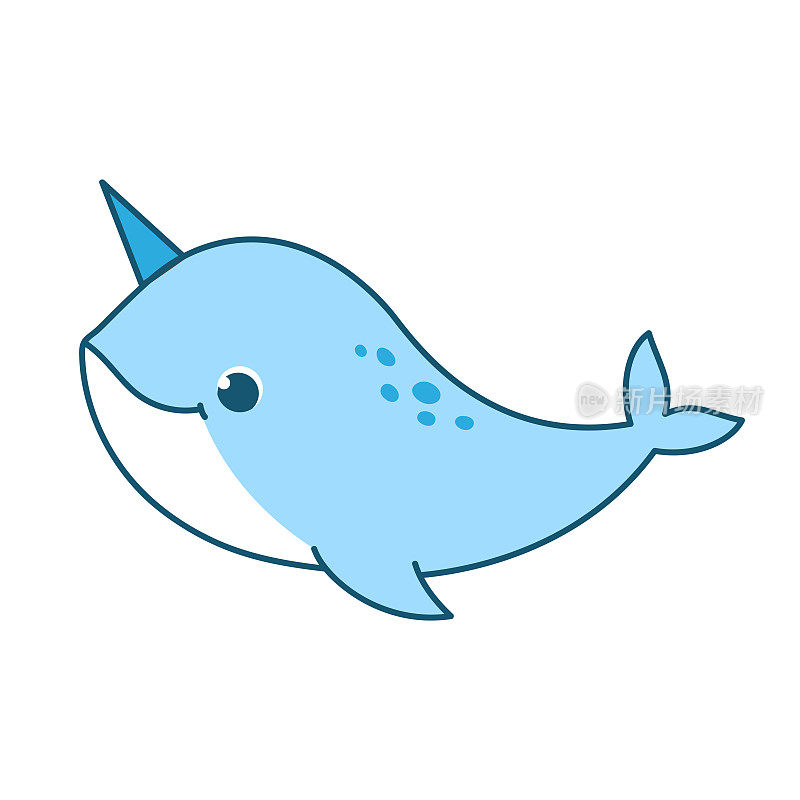可爱的动物独角鲸。矢量插图。这个卡通人物是手绘的，孤立在白色的背景上。
