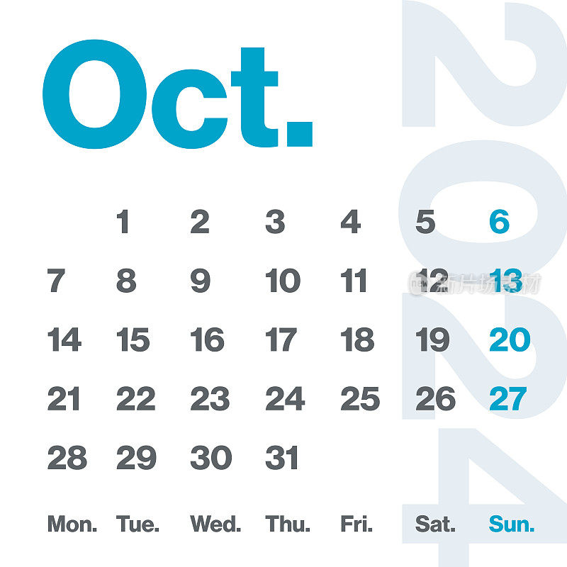 2024年10月-月历。极简风格的方形日历。向量模板。这一周从星期一开始