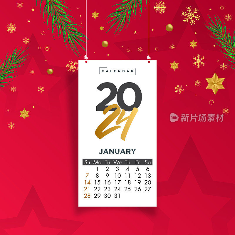 2024年1月。每月的日历。插图矢量日历周开始在彩色和白色主题股票插图周日