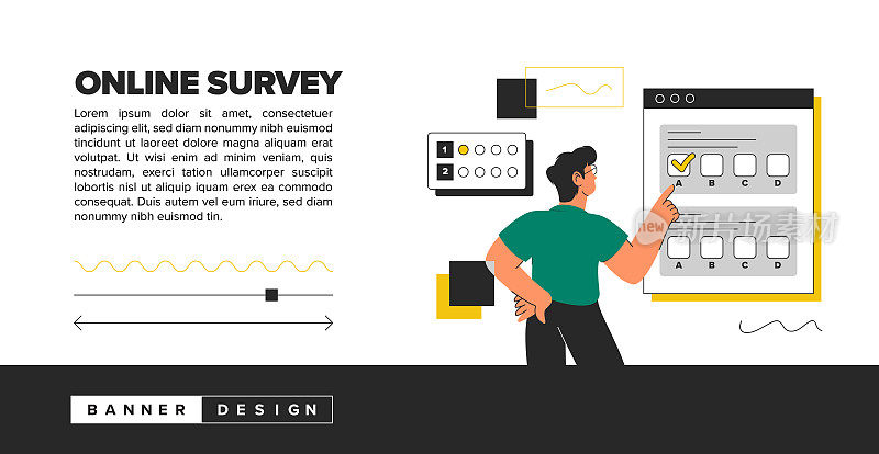 在线调查插图概念。新潮的矢量风格和横幅设计。营销，选择，客户。