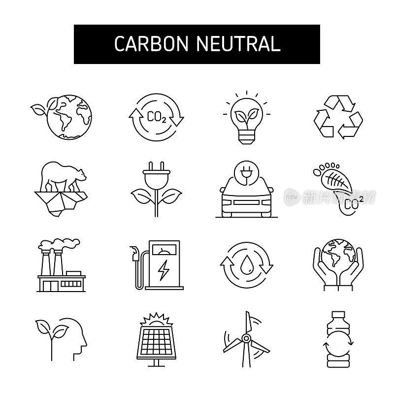 碳中性线图标集。净零，碳足迹，排放，环境。