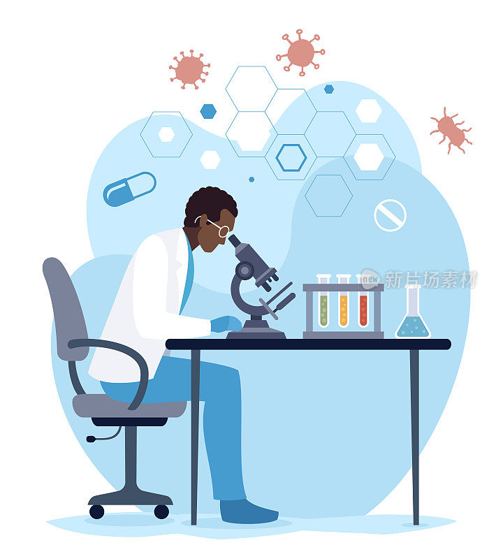 医学测试。一位非裔美国科学家在显微镜下观察。一位科学家在实验室里做实验。
