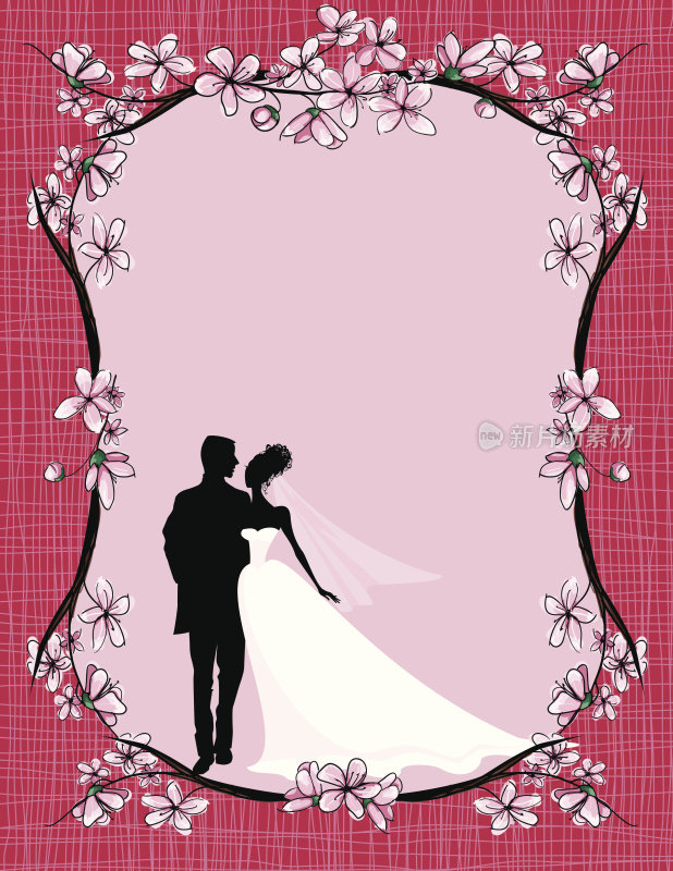 新娘和新郎剪影框架与樱花樱花