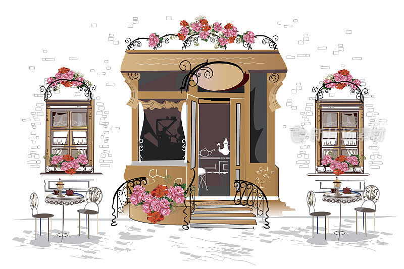 鲜花，老城区的景色和街边的咖啡馆。