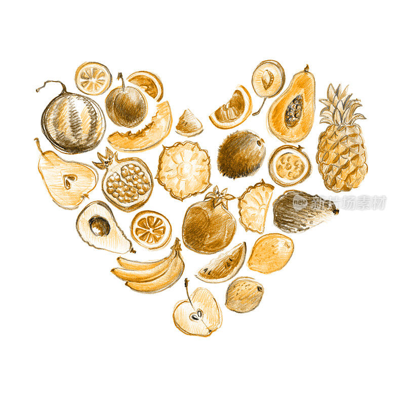 心形构图与手绘复古时尚的金色水果