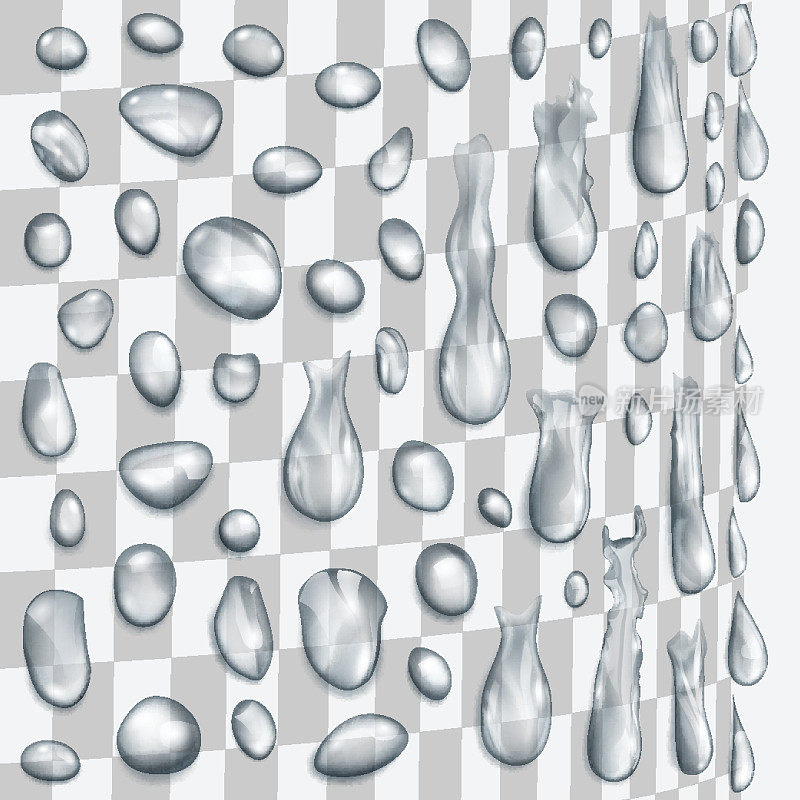 透明的灰色水滴沿圆柱形表面流动