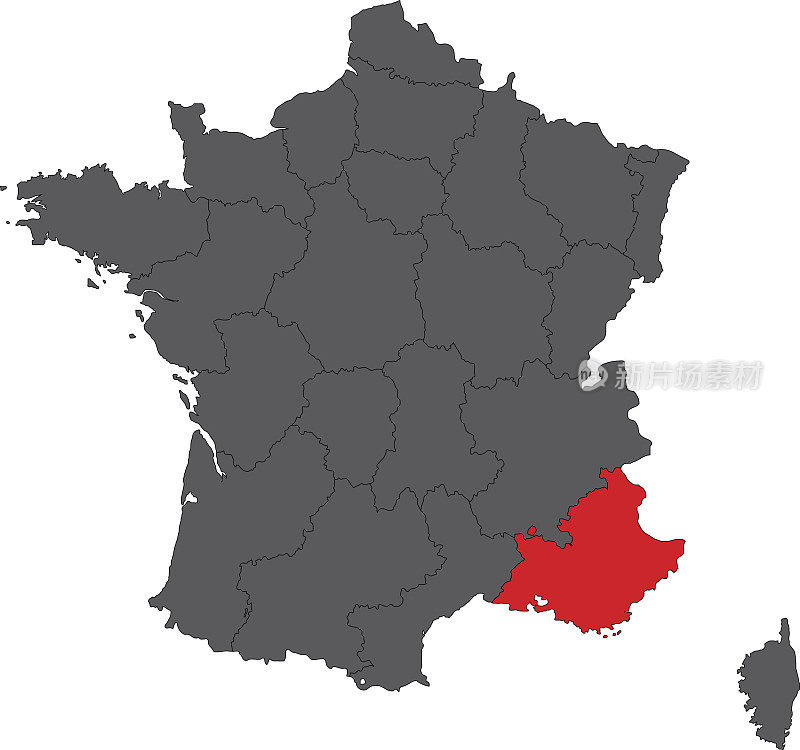 普罗旺斯-阿尔卑斯-蓝色海岸红色在灰色的法国地图矢量