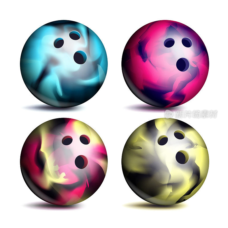 现实保龄球集向量。经典的圆的球。不同的观点。体育游戏的象征。孤立的插图
