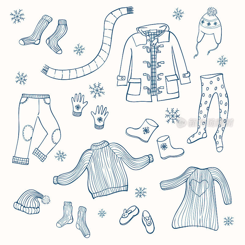 冬季服装向量插图。