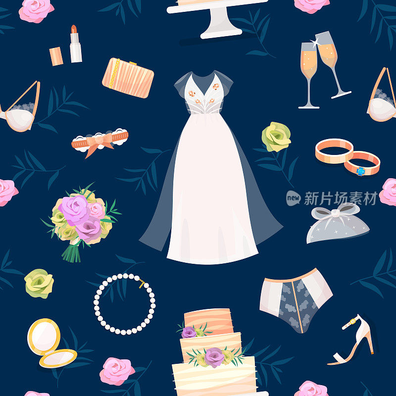 新娘饰品向量设置婚礼项目的婚礼仪式婚纱，鞋，吊袜带，花束，面纱，珠宝，戒指，手包，婚礼蛋糕无缝模式背景