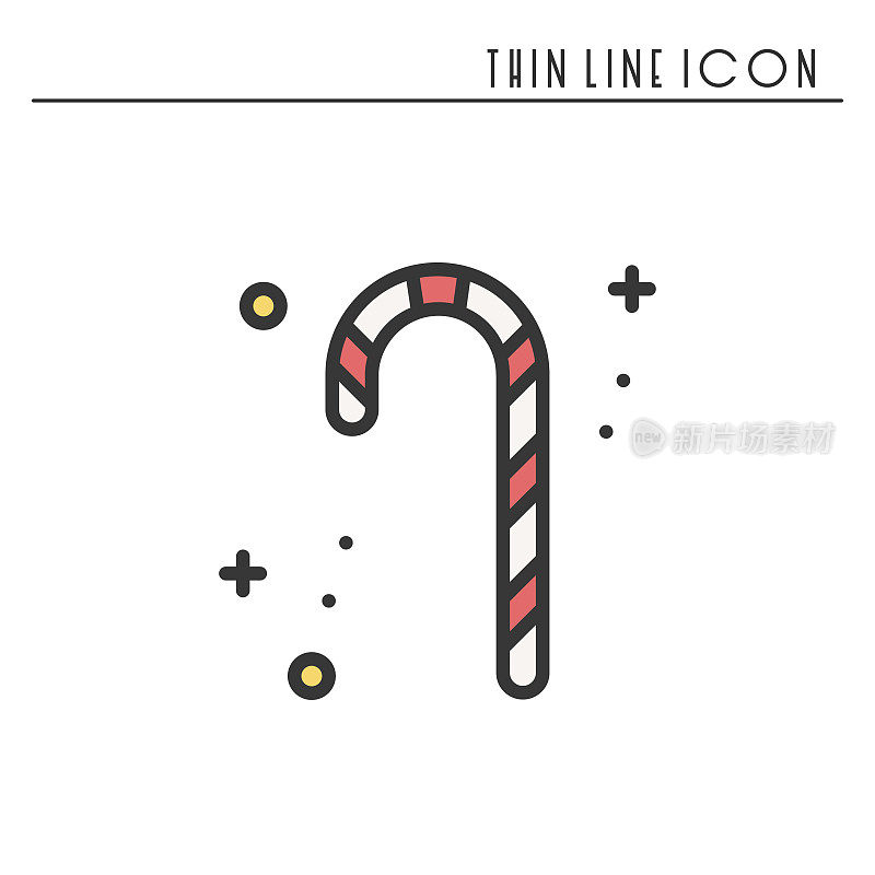 圣诞糖果手杖细线图标。新年庆祝大纲装饰象形文字。冬季圣诞元素。矢量简单的平面线性设计。符号说明。轮廓符号。糖果手杖。
