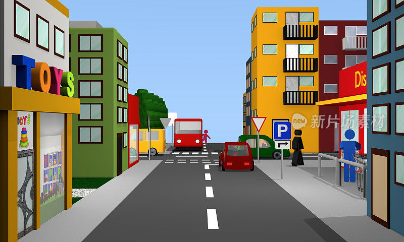 道路场景，优先指定路口，停车场标志，公交车，汽车和房屋。