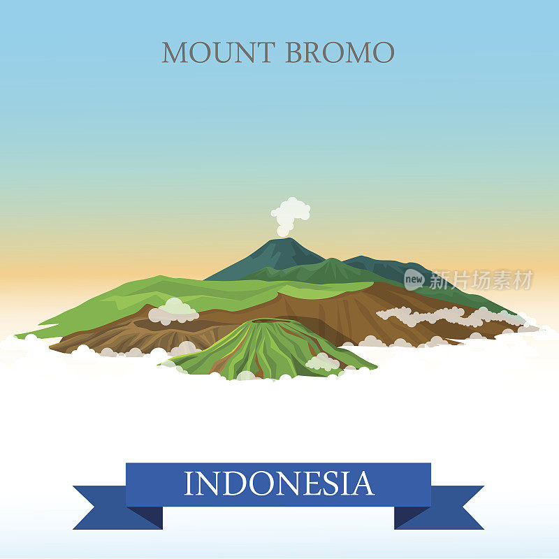 印度尼西亚的布罗莫山。平面卡通风格的历史景点展示景点网站矢量插图。世界各国城市度假旅游观光亚洲收藏。
