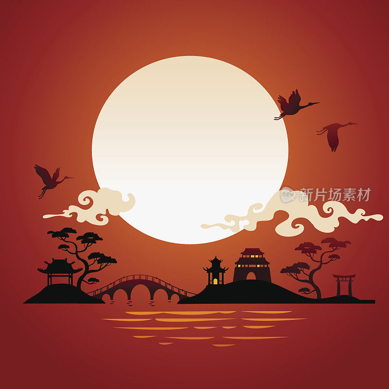 抽象的日本背景-日落和三只飞鹤。