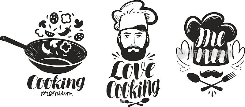 烹饪,烹饪的标志。标签设置设计菜单餐厅或咖啡馆。手写字体，书法矢量插图