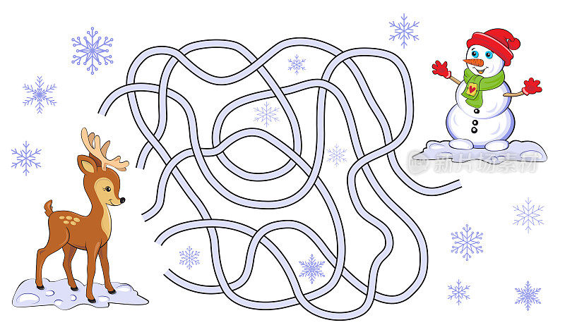 圣诞迷宫游戏与雪人和驯鹿的图片。