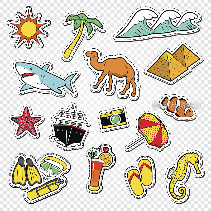 去埃及旅行吧，Doodle。采购产品埃及地标贴纸，徽章和带金字塔和动物的补丁