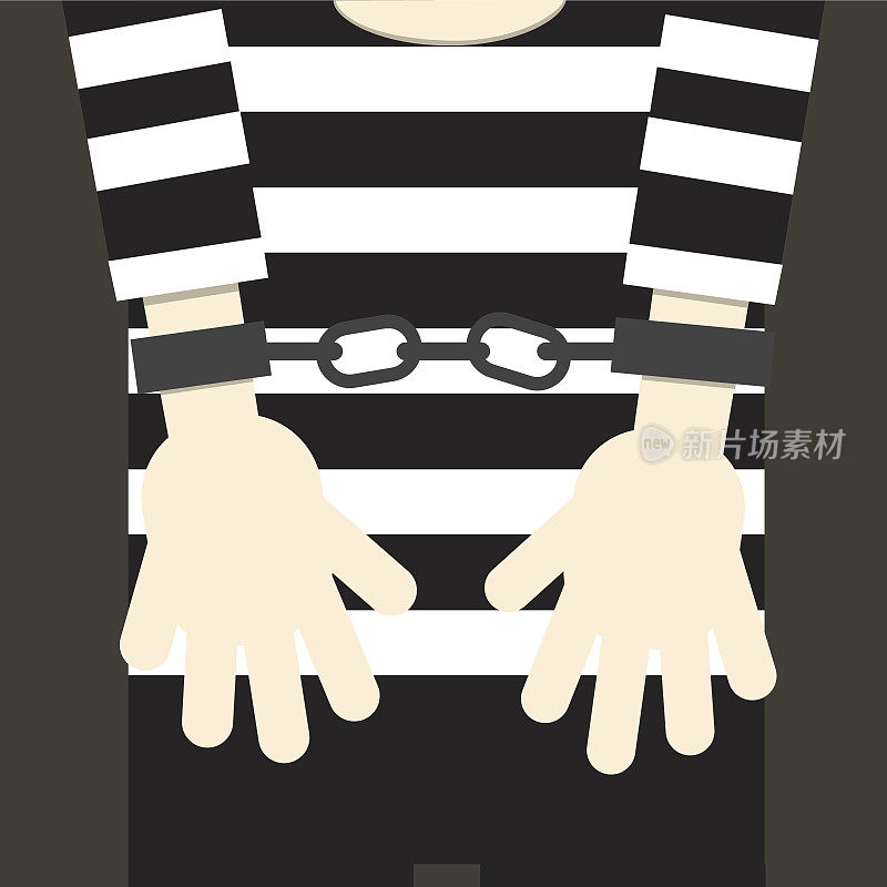 手戴手铐孤立，偶像。监狱里的犯人。矢量插图平面设计。