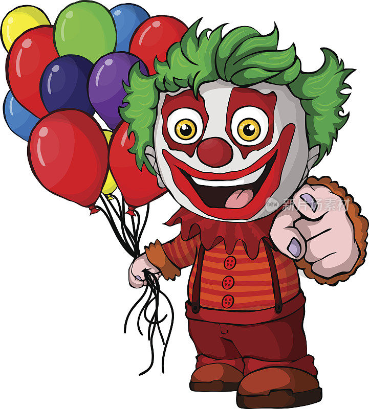 滑稽的小丑拿着气球。矢量图