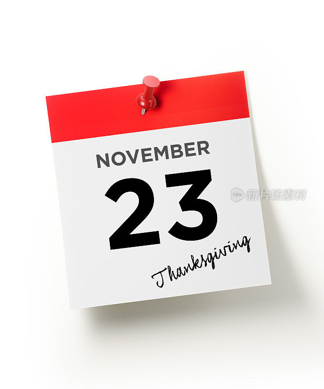 用红色图钉钉着的红色日历:11月23日感恩节概念