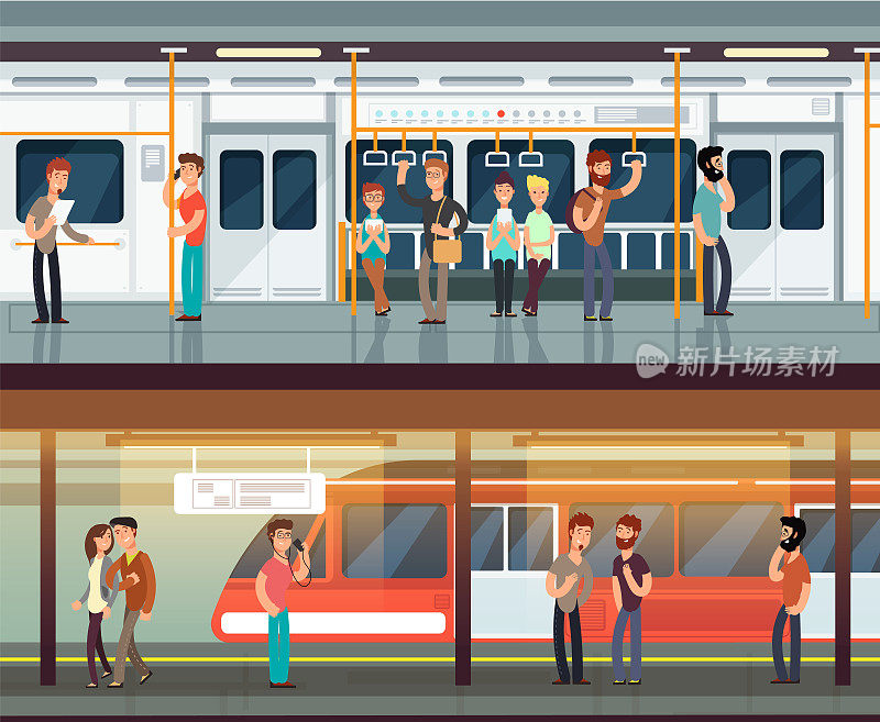 地铁里面人来人往。地铁站台和车厢内部。城市地铁矢量概念