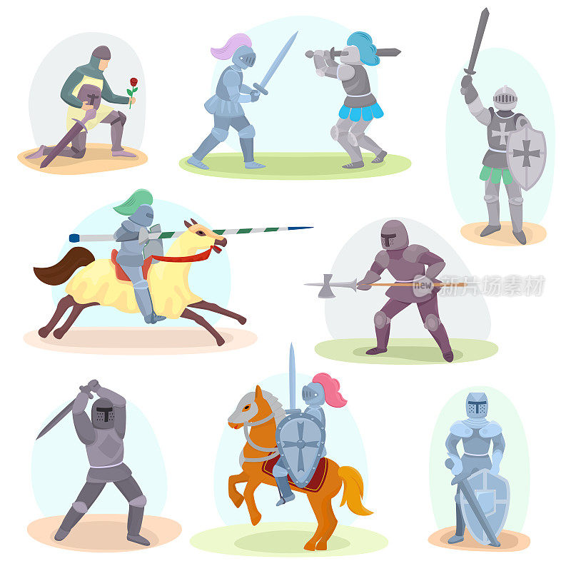 骑士向量中世纪骑士和骑士人物与头盔盔甲和骑士剑插图的骑士男子孤立在白色的背景