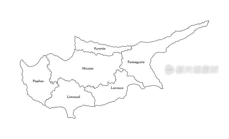 塞浦路斯简化行政地图矢量孤立插图。地区(地区)的边界和名称。黑色的轮廓线