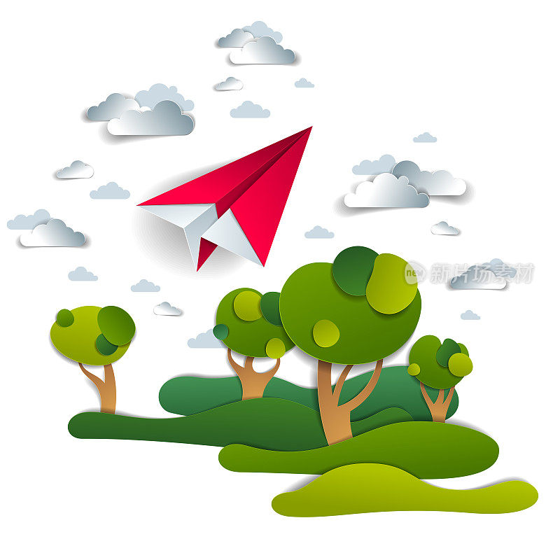 折纸玩具飞机在天空中飞过草地和树木，用玩具飞机起飞和草原、航空公司航空旅行的主题完美描绘自然风景的矢量图。